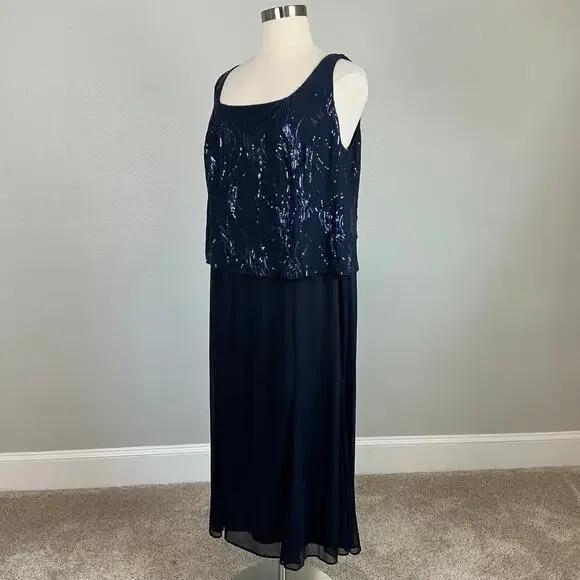 Alex Evenings Sequined Chiffon Midi A-Line Cocktail Dress Navy Blue Size 24W - Picture 5 of 12